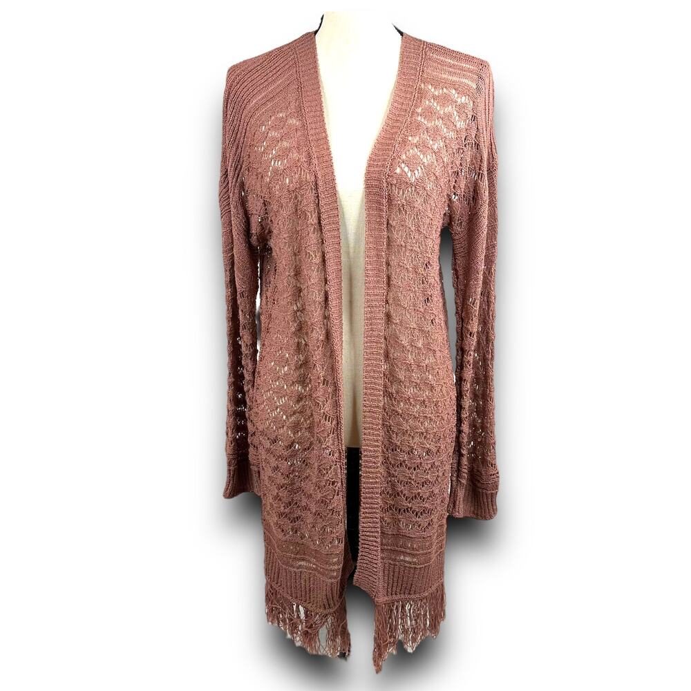 Boho Chic Open Knit Long Cardigan Fringe Trim Lightweight Mauve Small Medium